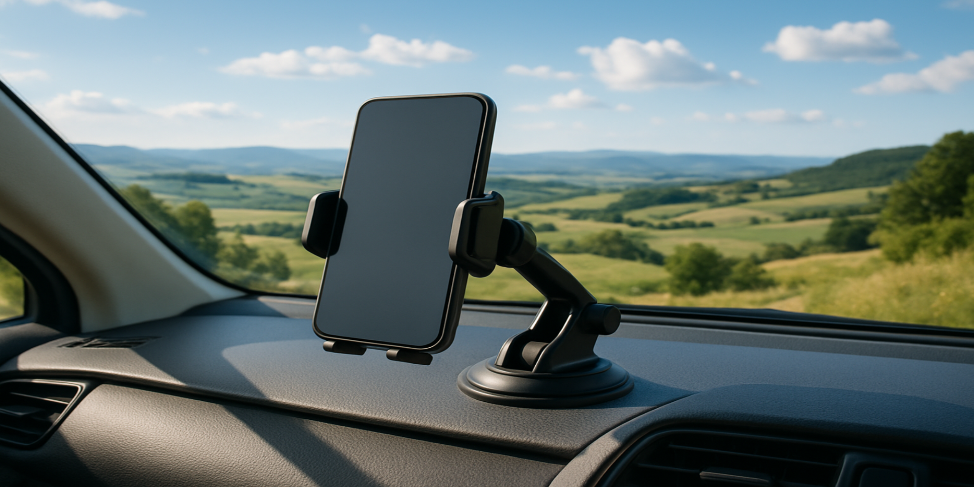 Support téléphone voiture sur tableau de bord avec paysage